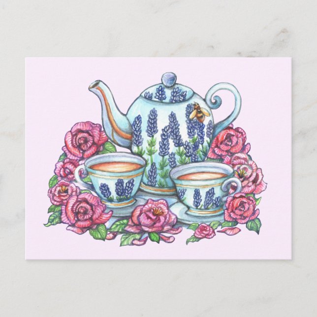 Tea Pot und Rose Postkarte (Vorderseite)