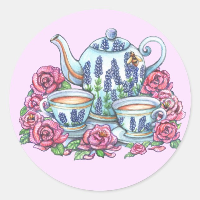 Tea Pot und Rose Runder Aufkleber (Vorderseite)