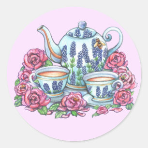 Tea Pot und Rose Runder Aufkleber