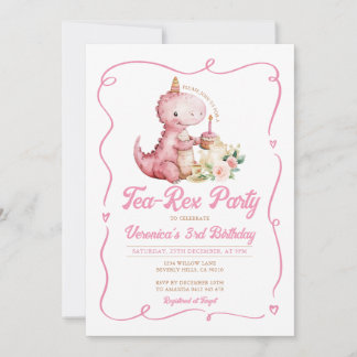 Tea-Rex Party Dinosaurier 3. Geburtstag Pink Bow Einladung