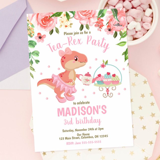 Tea-Rex Tutu-Party-Dinosaur-Mädchen Rosa 3. Geburt Einladung (Von Creator hochgeladen)