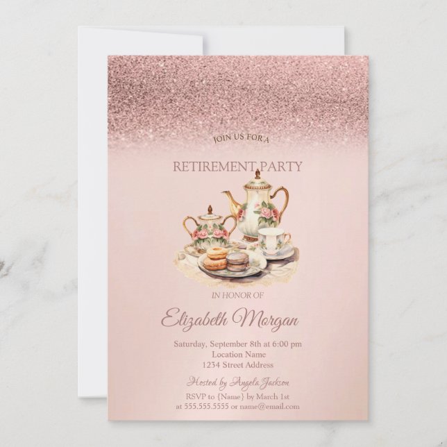 Tea Service Rose Gold Glitter Retirement  Einladung (Vorderseite)