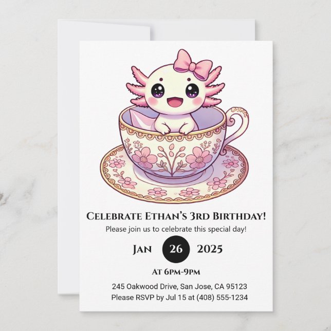 Tea Time Axolotl Birthday Einladung (Vorderseite)