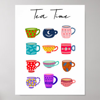 Tea Time Bright Watercolor Cups Colorful Kitchen  Poster