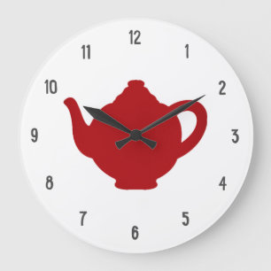 Tea Time Clock, modern red teapot Große Wanduhr