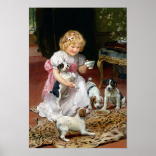 Tea Time for Fox Terrier Puppies Vintag Dog Print Poster