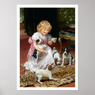 Tea Time for Fox Terrier Puppies Vintag Dog Print Poster