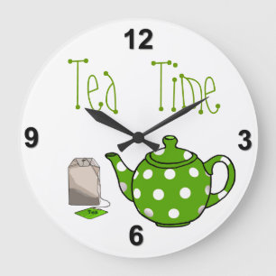 Tea Time Green & White Kitchen Große Wanduhr