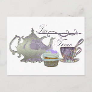 Tea Time! Lilac Teapot, Teacup and Cupcake Art Postkarte