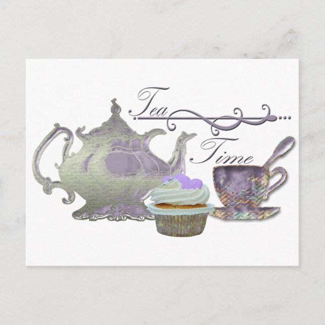 Tea Time! Lilac Teapot, Teacup and Cupcake Art Postkarte (Vorderseite)