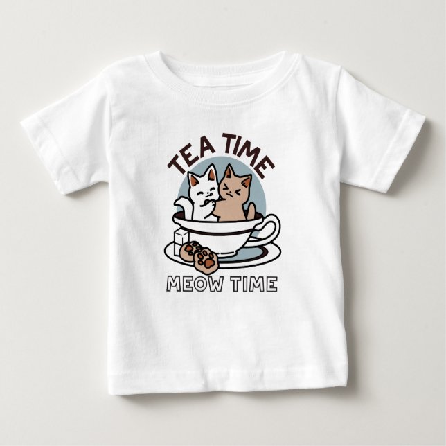 Tea Time Meow Time - Niedliches Katzen- und Teedes Baby T-shirt (Vorderseite)