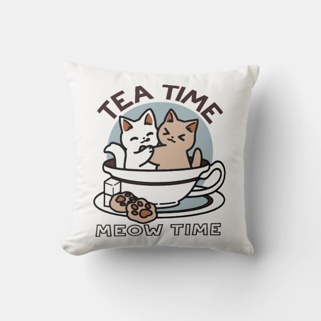 Tea Time Meow Time - Niedliches Katzen- und Teedes Kissen (Vorderseite)