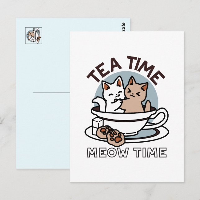 Tea Time Meow Time - Niedliches Katzen- und Teedes Postkarte (Vorne/Hinten)