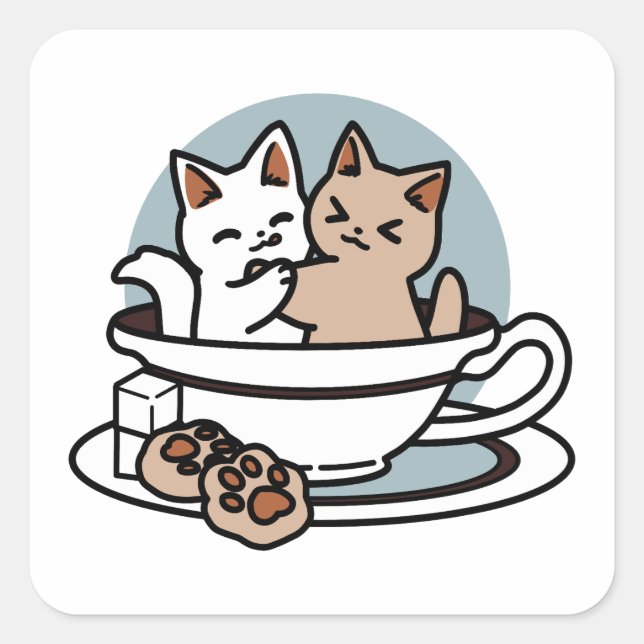 Tea Time Meow Time - Niedliches Katzen- und Teedes Quadratischer Aufkleber (Vorderseite)