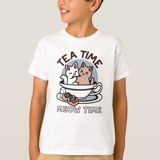 Tea Time Meow Time - Niedliches Katzen- und Teedes T-Shirt (Vorderseite)