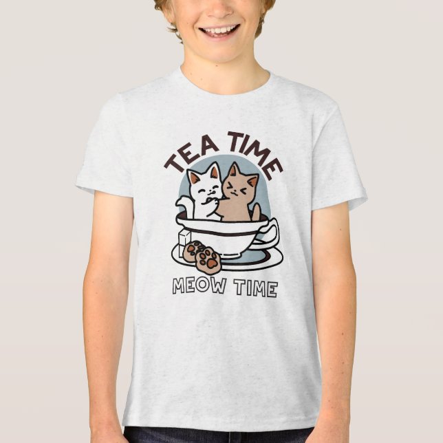 Tea Time Meow Time - Niedliches Katzen- und Teedes Tri-Blend Shirt (Vorderseite)
