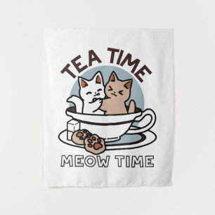 Tea Time Meow Time - Niedliches Katzen- und Teedes Wandteppich