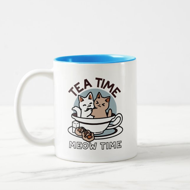 Tea Time Meow Time - Niedliches Katzen- und Teedes Zweifarbige Tasse (Links)