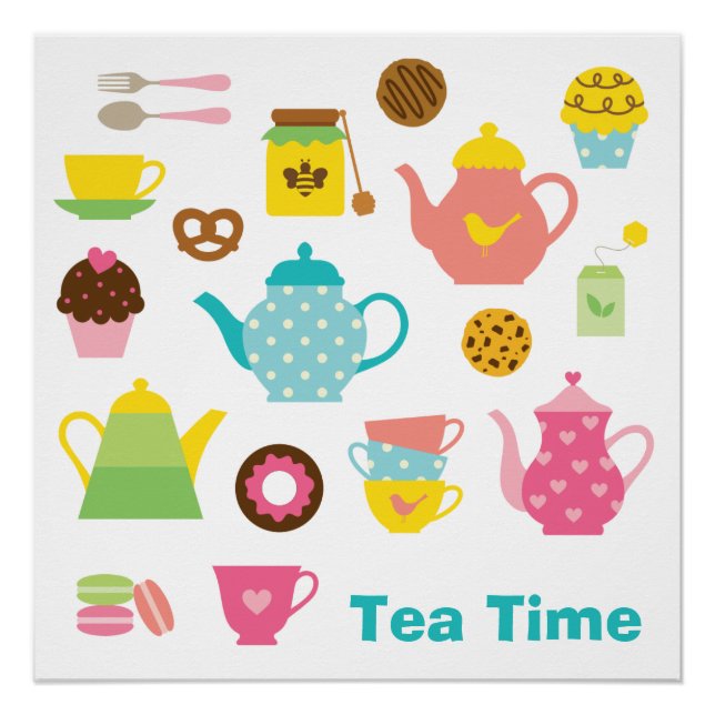 Tea Time Poster – Cute Pastel Teapots & Sweets (Vorderseite)