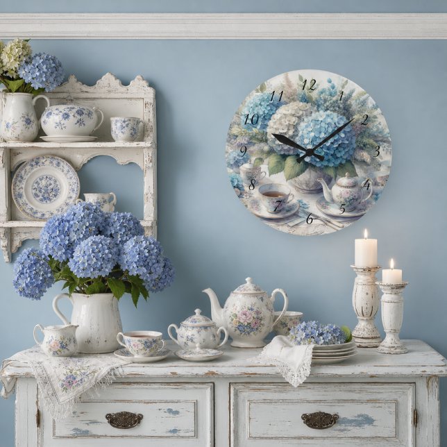 Tea Time Teapot und Blue Hydrangia Wall Clock Große Wanduhr (Von Creator hochgeladen)