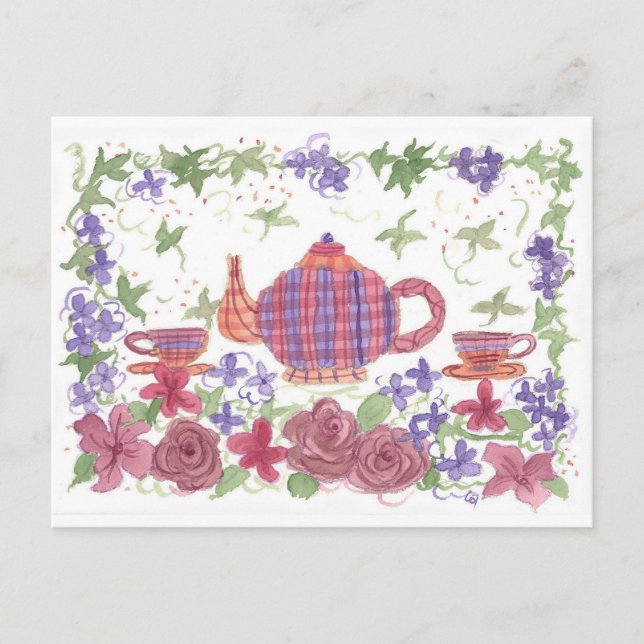 Tea Time Teapot und Blume Postkarte (Vorderseite)