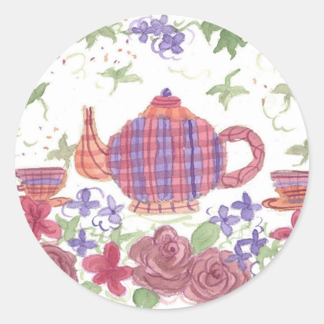 Tea Time Teapot und Blume Runder Aufkleber (Vorderseite)