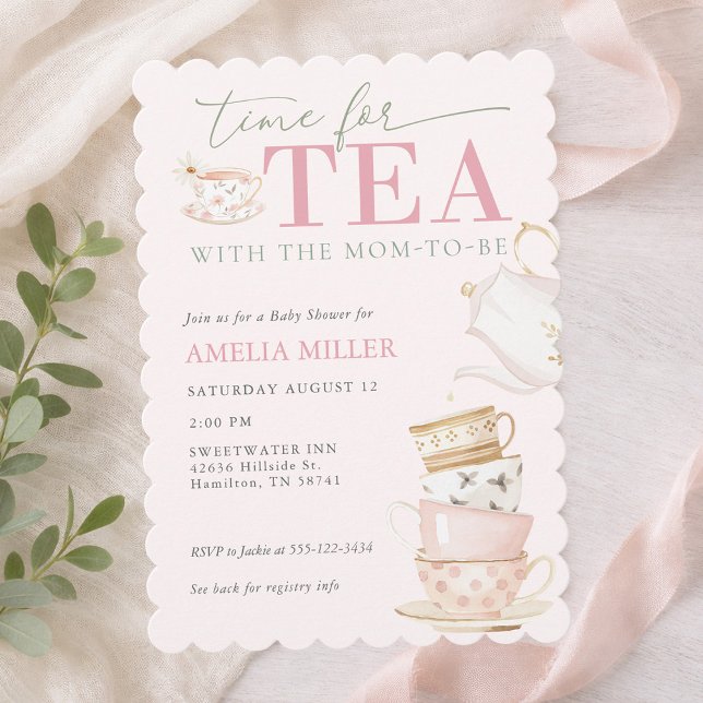 Tea with the Mom-to-be Girl Baby Shower  Einladung (Tea with the Mom-to-be Pink Girl Baby Shower Invitation)