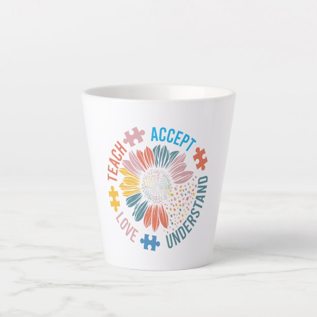 "Teach Accept Love Understand" Puzzle Piece Flower Milchtasse (Vorderseite)