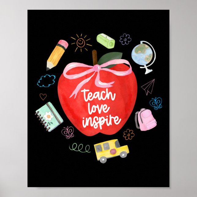 Teach Love Inspire Teacher Coquette Bow Apple Back Poster (Vorne)