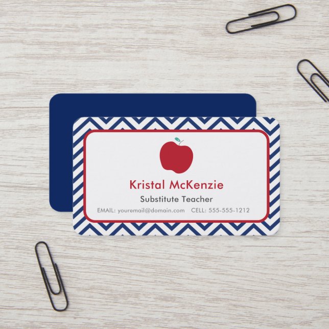 Teacher Business Cards Navy Blue Zickzack & Apple Visitenkarte (Vorderseite/Rückseite Beispiel)