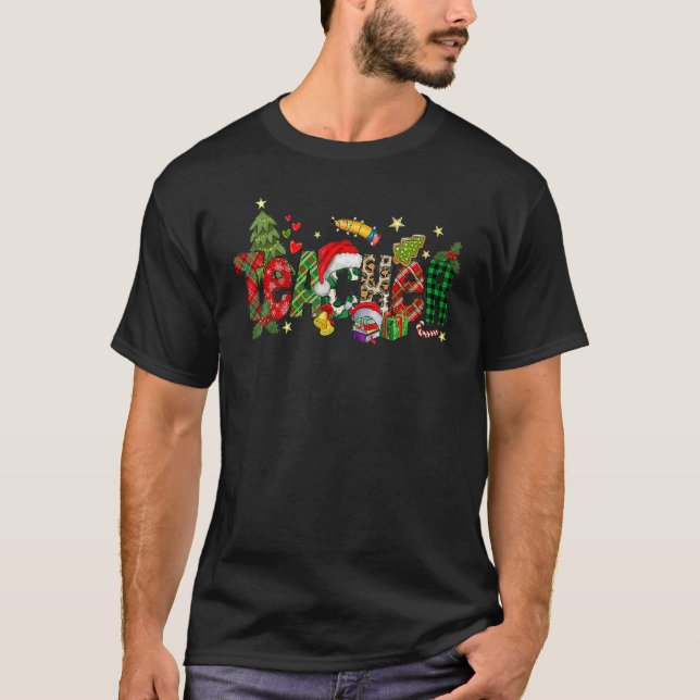 Teacher Christmas Books Santa Leopard Plaid Cakes  T-Shirt (Vorderseite)