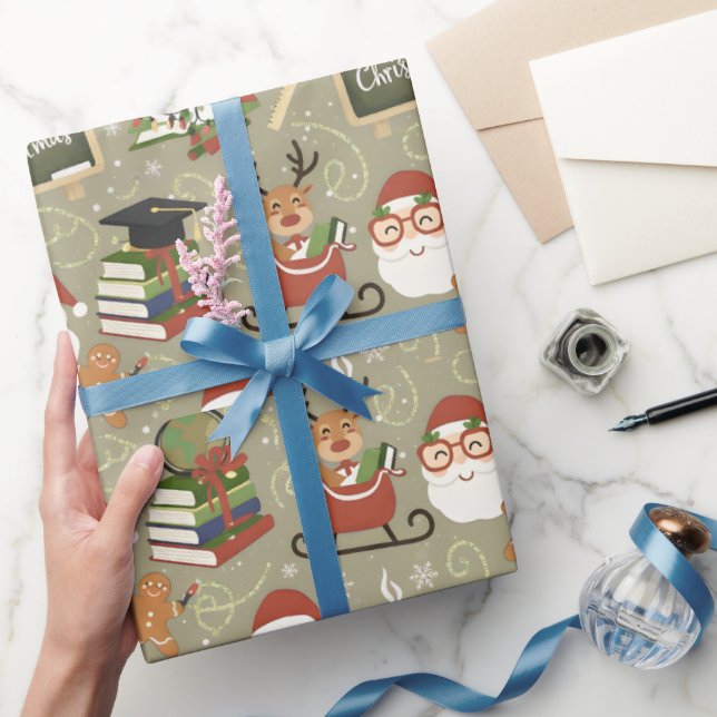 Teacher Christmas Cute Reindeer Santa School Geschenkpapier (Schenken)