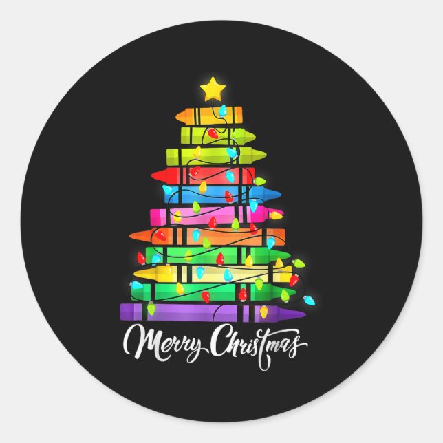 Teacher Crayon Merry Christmas Tree Lights School  Runder Aufkleber (Vorderseite)