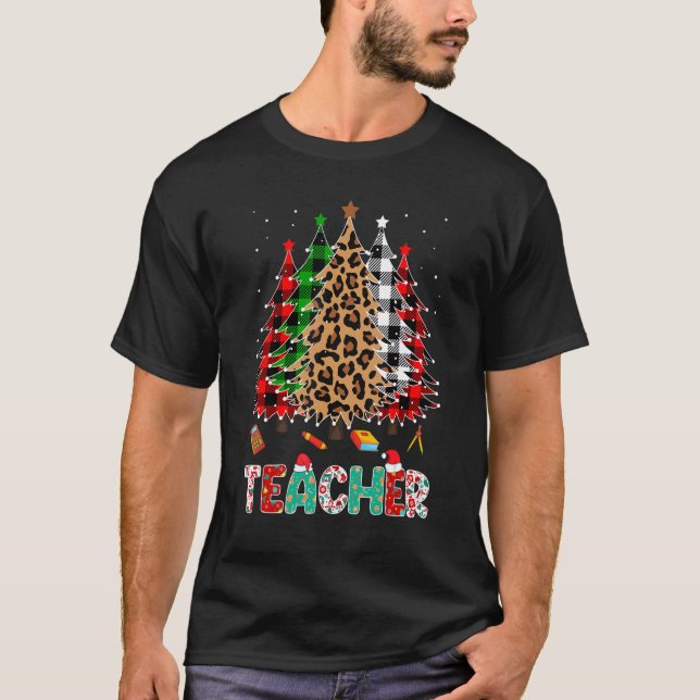 Teacher Leopard Red White Green Plaid Christmas Tr T-Shirt (Vorderseite)