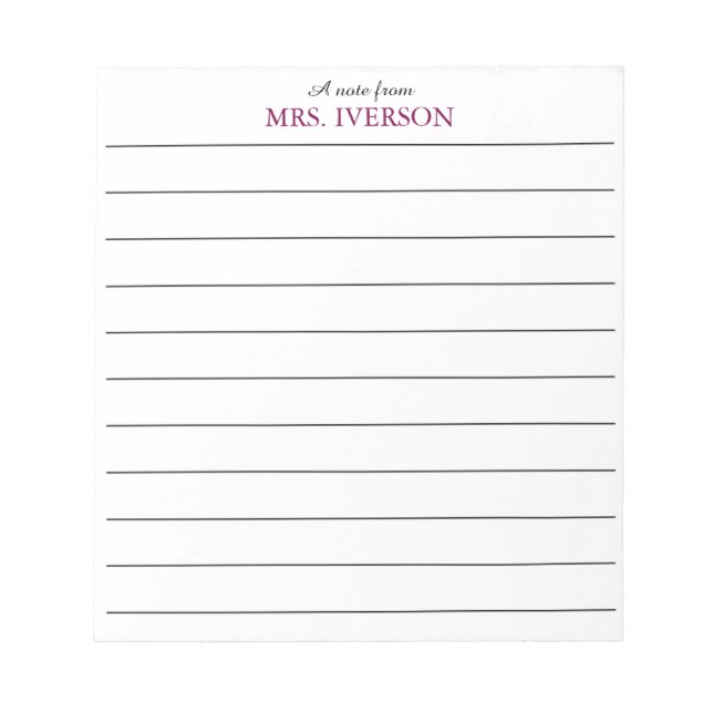 teacher Notepads Simple lined paper "a note from" Notizblock (Vorderseite)