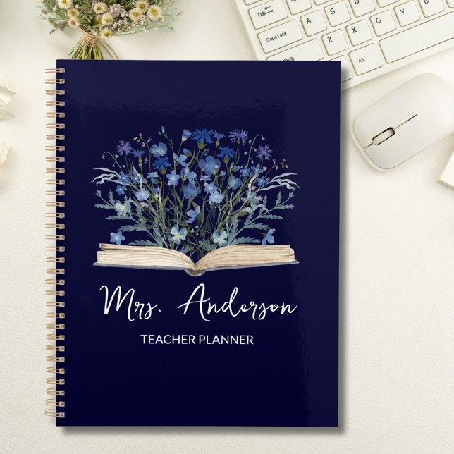 Teacher Planner Blue Wildflowers Grow From Book Planer (In situ)