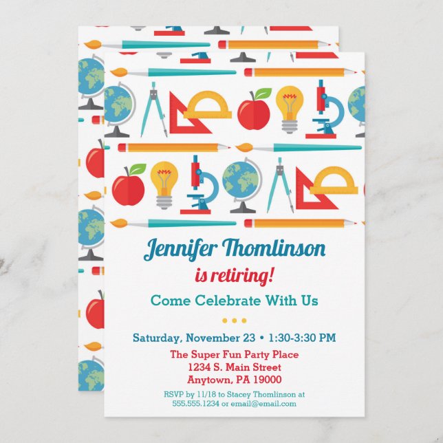 Teacher Rente Party Einladung farbenfroh (Vorne/Hinten)