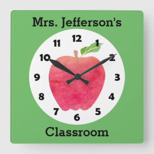Teacher Watercolor Apple Personalized Green Class Quadratische Wanduhr