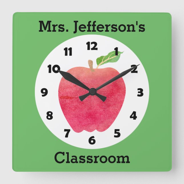 Teacher Watercolor Apple Personalized Green Class Quadratische Wanduhr (Vorderseite)