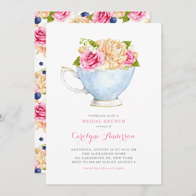 Teacup Bouquet Blume Bridal Brunch Einladung (Vorne/Hinten)