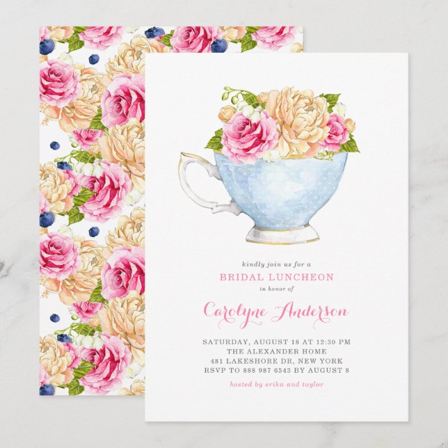 Teacup Bouquet Blume Bridal Luncheon Einladung (Vorne/Hinten)