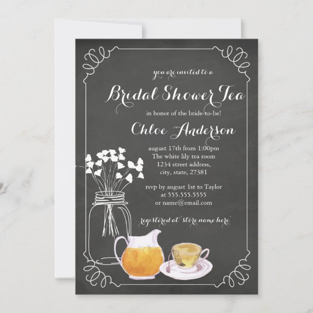 Teacup Chalkboard Elegante Brautdusche Einladung (Vorderseite)