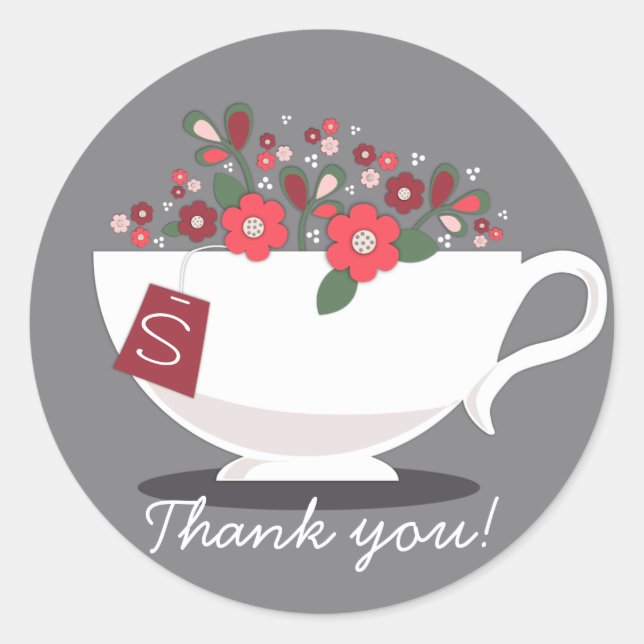 Teacup Coral Floral Monogram Danke Sticker (Vorderseite)
