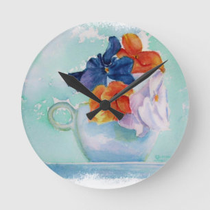 TEACUP OF PANSIES WALL CLOCK RUNDE WANDUHR