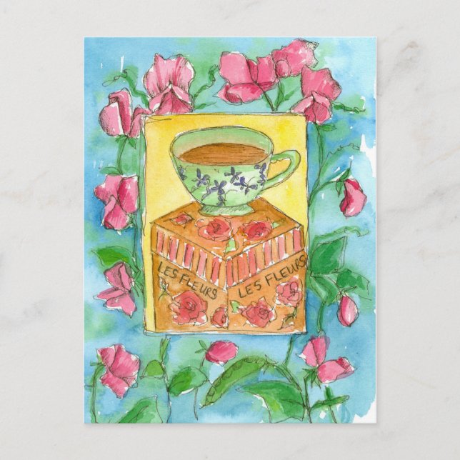 Teacup Pink Platterbsen Blume Aquarell Postkarte (Vorderseite)
