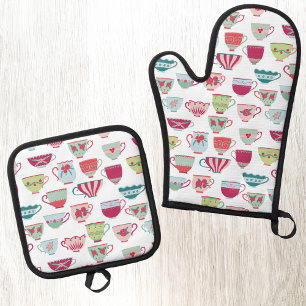 Teacup Retro Modernes Muster Ofenhandschuh & Topflappen-Set