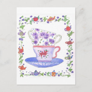 Teacup Stack Teezeit Wasserfarbene Blume Postkarte