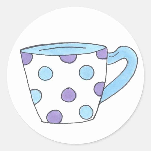 Teacup Tee Party Blue/Lila Polka Dot Tasse Aufkleb Runder Aufkleber (Vorderseite)