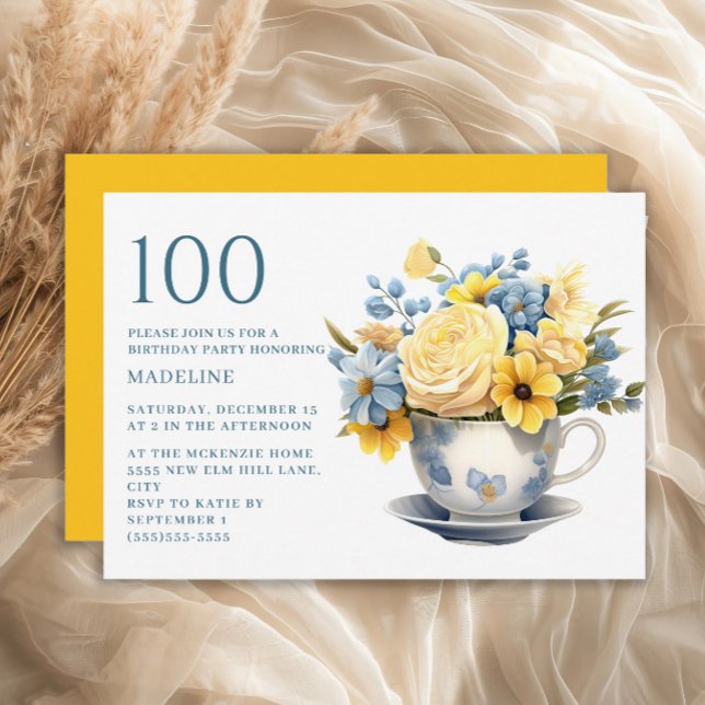 Teacup Yellow Blue Flowers 100. Geburtstag Einladung (Blue teacup and yellow flowers 100th birthday party invitation)