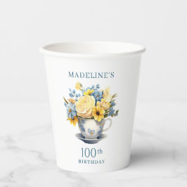 Teacup Yellow Blue Flowers 100. Geburtstag Pappbecher